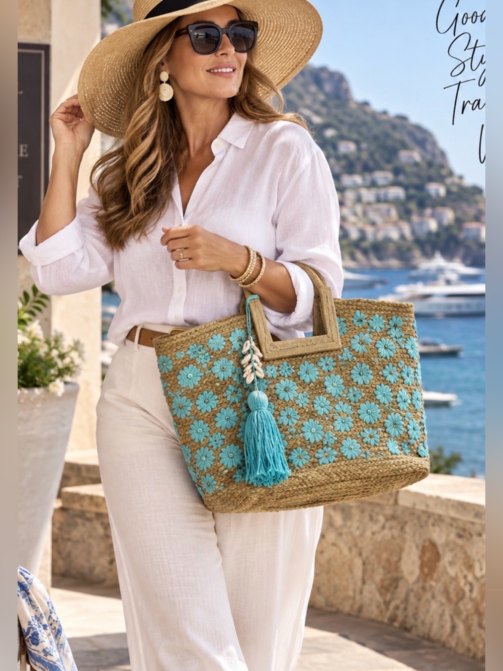 Twig & Arrow Boho Woven Jute Hand Painted Turquoise Flower Tote Beach Bag